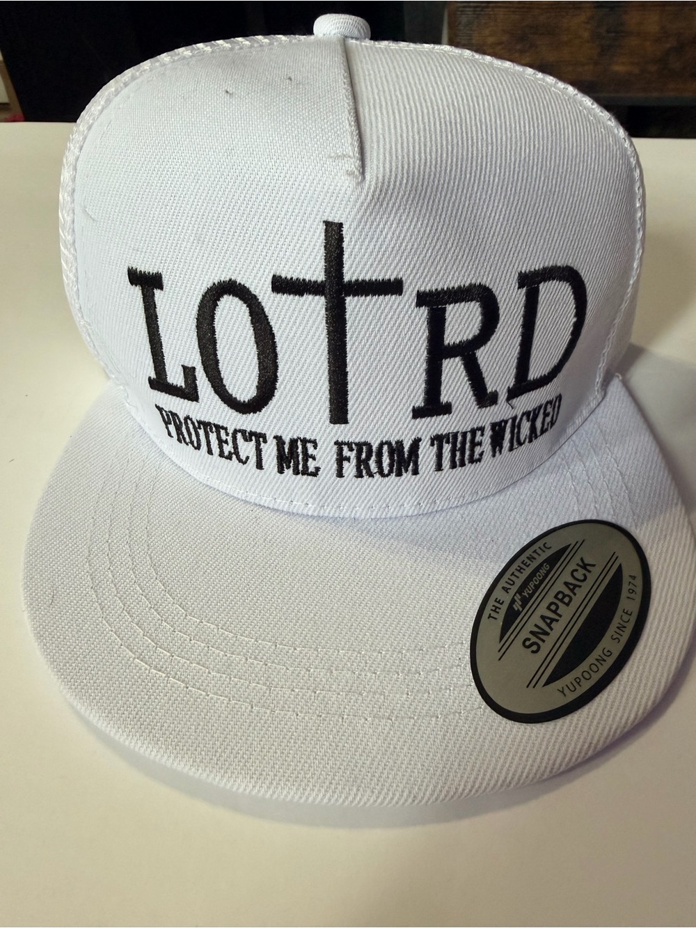 LOTRD White Snapback Hat with 'Protect Me From The Wicked' Embroidery